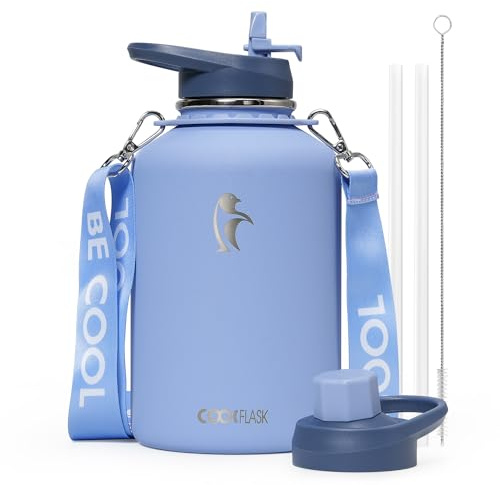 Coolflask - Borraccia termica da 1,8 l con cinghia, grande brocca isolata da mezzo gallone con coperchi con cannuccia e beccuccio, borraccia in acciaio inox, mantiene le bevande fredde per 48 ore e