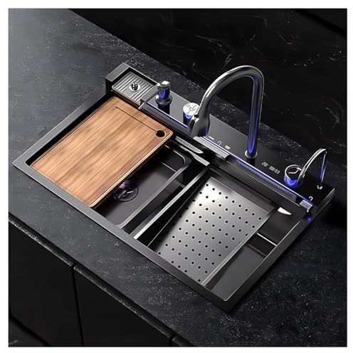 AIVANOTO Évier De Cuisine Cascade Noir, avec Robinet Multifonction, Lave-gobelet, Bouton De Vidange, Robinet À Boire, Ensemble De Vidange, Grand Évier De Poste De Travail(Noir,80x46x22cm)