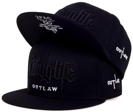 Doniya Fitness Tupac Thug Life Outlaw Baseball Cap, Black/White, Flat Brim Snapback (UK, Alpha, One Size, All Black)