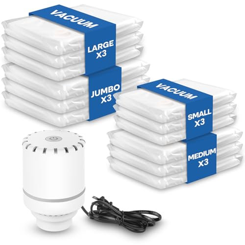 Vacbird Bolsas Vacio Ropa con Bomba Eléctrica, 12 Bolsa Ropa (3 Extragrandes, 3 Grandes, 3 Medianas, 3 Pequeñas), Reutilizables Para el Almacenamiento de Temporada y Artículos de Viaje
