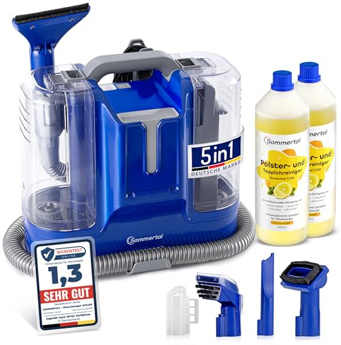 SOMMERTAL MultiCleaner WS450 5in1 inkl. 2L Polsterreiniger, Gerät für Teppiche, Treppen, Polster, Sofa, Auto, Tiere, Flecken, Leistungsstarker 450w Motor, Waschsauger, Zubehör, Selbstreinigung