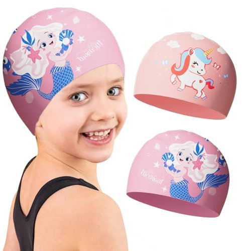 2 Stück Badekappe Mädchen, Badekappe Kinder im Alter von 2–12 Jahren, Badekappe MäDchen Lange Haare, wasserdichte Schwimmhaube, Silikon Elastische Mädchen Schwimmmütze
