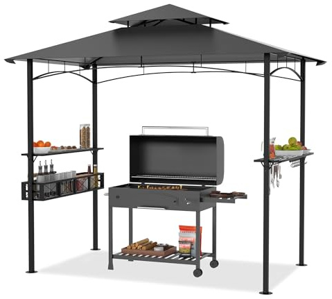 PEILU Cenador para barbacoa de 245 x 153 cm, resistente a la intemperie, con protección solar, doble techo, estantes y cestas de almacenamiento, cenador de jardín para jardín y playa, barbacoa (gris