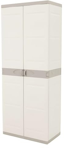 Miroytengo Armario Escobero de Jardín Titanium, Armario Resina 2 Puertas 4 Estantes Regulables Beige 70x176x41 cm