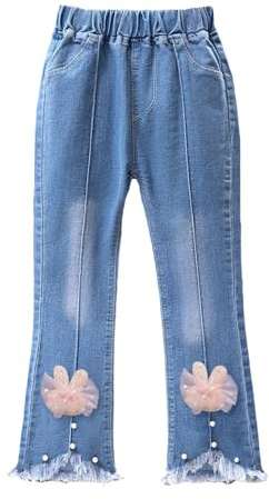 Generisch Jean 2026 pour fille avec nœud perlé, jambe large, pantalon évasé avec taille élastique pour tout-petits filles pantalon trous 152, bleu ciel, 7-8 ans