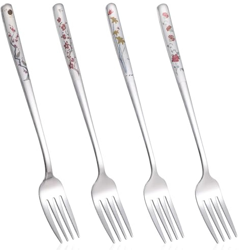 Molain 4Pcs 8 Korean Forks, Stainless Steel Korean Fork with Floral Pattern Kitchen Forks Kitchen Salad Dessert Fork Mirror Finish Flatware for Dinner Salad Dessert Home Restaurant Use