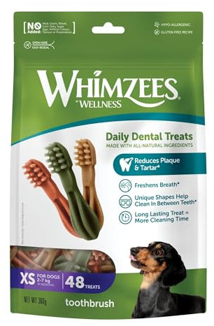 WHIMZEES Zahnbürste, Kaustangen für sehr kleine Hunde, Hundesnack zur Zahnpflege, Größe XS, 48 Stück, ohne Zuckerzusatz, getreidefrei, natürlich, fettarm