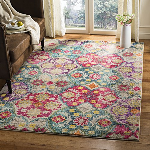 SAFAVIEH Alfombra Boho Sala de estar, Comedor, Dormitorio - Monaco Collection, Pelo corto, Gris y fucsia, 122 X 170 cm