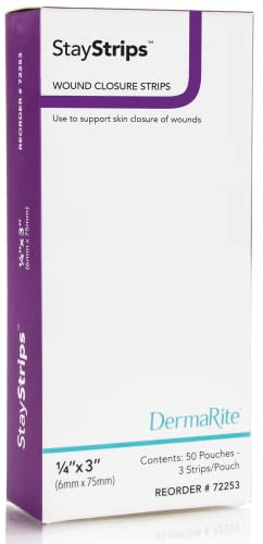 StayStrips Wound Closure Strips, 1/4” x 3”, Hypoallergenic Adhesive, Flexible, Moisture & Air Permeable, Helps Reduce Scar Formation, Primary and Secondary Closure, 50 Pouches / 3 Strips (150 Strips)