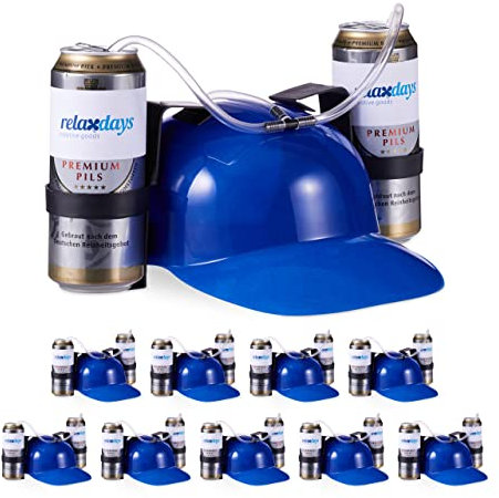 Relaxdays 10 x Party Trinkhelm, Helm mit Schlauch, für 2 Dosen Bier, Spaßartikel Fasching u. Fußball, lustiger Bierhelm, blau