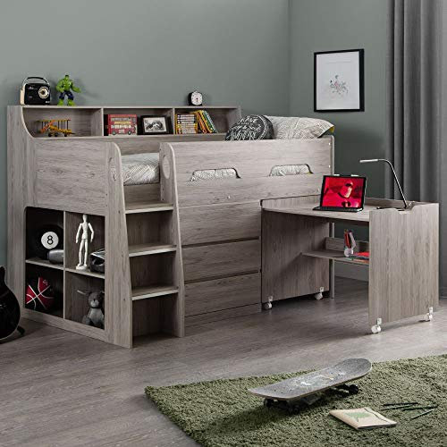 happybeds Grey Oak Wooden Kids Bed, Jupiter Mid Sleeper with Storage and Desk - 3ft Single (90 x 190 cm) Frame Only