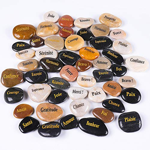 ROCKIMPACT 50 Pierres Gravées Message Chanceuse Inspirant, Cadeau avec Gravure Inspiration Mot, Jardin Décoratifs Galets, Bonheur et Encouragement (Lot de Gros, Mots Assortis, 5-8 cm)