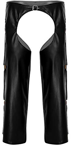 JEATHA Homme Vêtements Pantalon Longue Sexy-Ouvert Entrejambe Simili Cuir Chaps Costume Cow-Boy Occident Leggings Lâche avec Franges Gland S-4XL Noir L