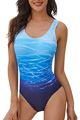 heekpek Trajes de Baño una Pieza Bañadores Mujer Chaleco Estilo Gradiente de Color Cintura Alta Slim Fit Bañador Deportivo Mujer, Degradado Azul, M