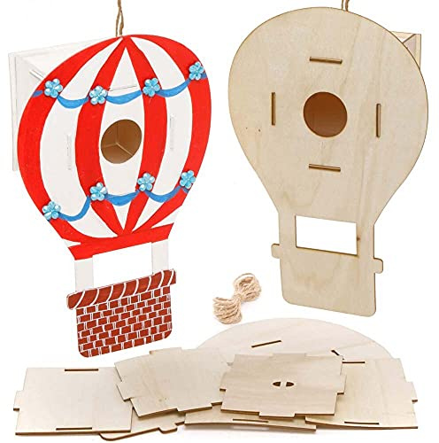 Baker Ross FE377 Kits Casa de Madera de Pájaros con Globo Aerostático - Paquete de 2, actividades de artesanía en madera para pintar y decorar para niños, manualidades o proyectos de jardín