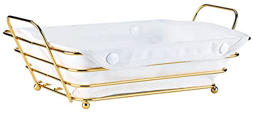 XIAOMIANYANG Brotkorb mit Stoff Ausgekleideter Draht, Brötchenkorb Stoff Brotkörbchen, Rechteckiger Servierkorb aus Metall für Brot, Rolle, Muffin, Gebäck, Chips, Snack, Gold/Creme