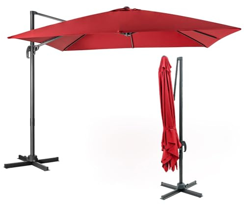COSTWAY Ombrellone da Giardino 300 x 300cm | 3 Inclinazioni, Rotazione 360°, Manovella, 8 Stecche, Base Incrociata per Esterno (Rosso, 300 x 300 x 273 cm)