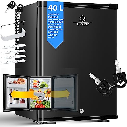 KESSER® Mini Kühlschrank 40L abschließbar Minibar ideal für Camping, Büro, Schlafzimmer, Hotel, Küche kleiner Kühlschrank komplett lautlos, wechselbarer Türanschlag, Innenbeleuchtung inkl. Glasöffner