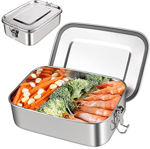 HONZUEN Lunch Box,Stainless Steel 1400ML Bento Box with 2 Compartments,Reusable Bento Lunch Box Food Sandwich Salad Box Storage Container Leakproof Lunch Boxes for Adults Kids Office and School