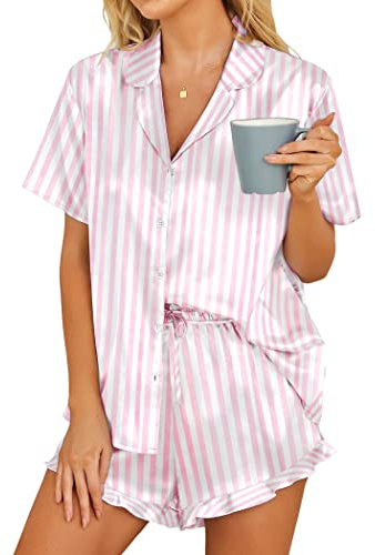 Hotouch Pyjama Femme Été en Soie Sexy Vêtements de Nuit Impression Ensemble de Pyjama XS-XXL