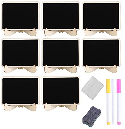 Mini Tafeln mit Ständer, 8 Klein Holz Kreidetafel mit Löschbar Kreidemarker, Kreidetafel Memotafe, Beschriften Tischkarte Tafeln Holztafel für Tischdeko für Hochzeit Buffet Geburtstag Parties