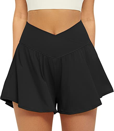 FireSwan Crossover atletiska shorts för kvinnor, 2-i-1, blommiga löparshorts med fickor, spandex, fjäril, träning, tennisshorts