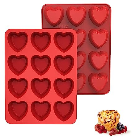 SILIVO Silicone Heart Muffin Pan (2 Pack) - Nonstick Silicone Molds for Baking, Cupcake Pan for Brownies, Tartlets and Egg Bites