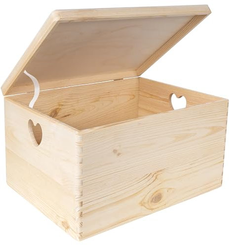 Creative Deco XXL Large Plain Wooden Storage Box Chest | 40x30x24 (+/-1 cm) | Hinged Lid & Heart Handles | Unpainted Gift Box for Christmas Xmas Kitchen Storage | UNSANDED Wood Keepsake Memory Craft