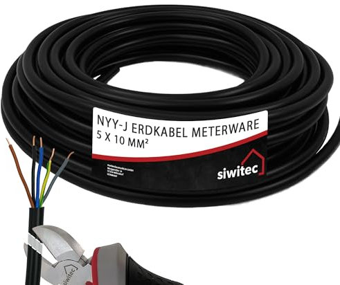 siwitec Erdkabel NYY-J 5x10 mm², Starkstromkabel PVC Erdleitung in schwarz, exakt zugeschnittene Meterware in Profi-Qualität, Länge (aktuelle Auswahl) = 3 Meter