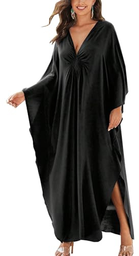 YouKD Vestido caftán bohemio para mujer, color liso, cubrecostume de playa, tallas grandes, talla única, B Negro, Talla única