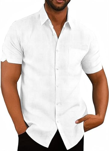 Friptspyg Uomo Camicia Lino Cotone a Maniche Corte vestibilità Regolare Casual Camicie Estive con Tasca, Bianco M