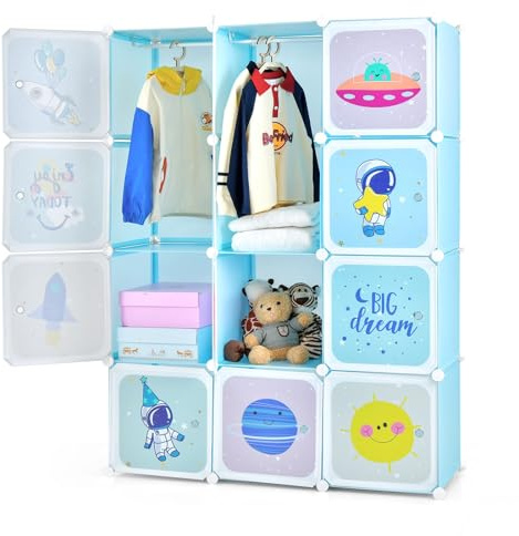 RELAX4LIFE Armadio Modulare a 8/12 Cubi per Bambini con 2 Barre Appendiabiti, 8/12 Ante, Mobile Salvaspazio per Cameretta e Asilo Nido, Portata di Ogni Cubo 10 KG (Blu, Astronauta-12 Cubi)