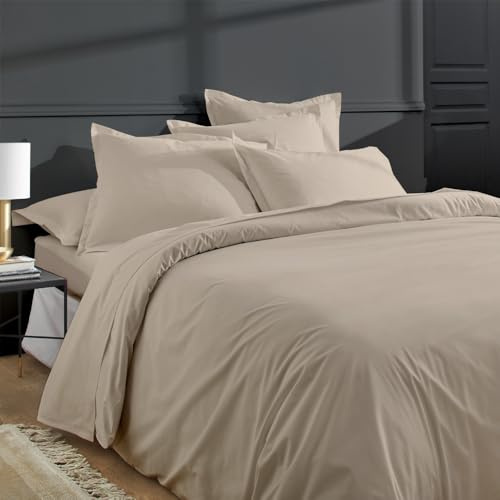 Duquennoy & Lepers – Parure de Lit 1 Personne 140x200 CM et 1 Taie – Percale 80 Fils 100% Coton Qualité Hôtel – Housse de Couette Finition Rabat – Oeko-TEX Made in Green® – Uni Beige Lin