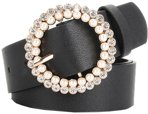 B-HOT Ladies Crystal PU Leather Belt, Fashion Pearl Round Buckle Waist Belt, Women's Adjustable Belts for Blouse Dress Black