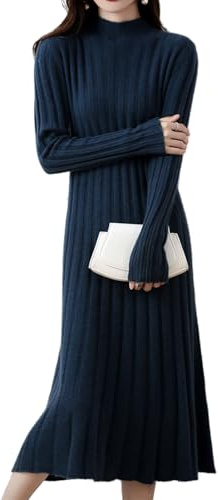 Ailaile 100% lana maglione vestito donna collo alto Pit strisce slim scollo a V manica lunga Pullover A-line abito lavorato a maglia, Blu inchiostro, M