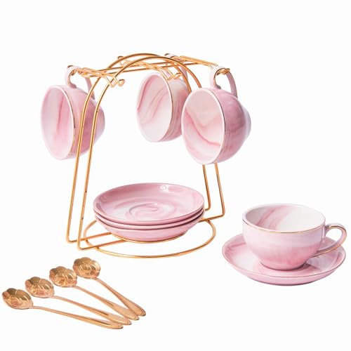 ZPGXLRZ Ceramic Espresso Cups Set with Saucers and Metal Stand, 4 oz Porcelain Stackable Cappuccino Cups Teacup For Tea, Espresso, Latte, Coffee, Cafe Mocha (Pink