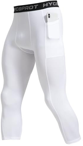 HYCOPROT Homme 3/4 Pantalon de Compression avec Poches Séchage Rapide Leggings de Sport Pantalon de Base Layer Collant pour Basketball Fitness Jogging (White, L)