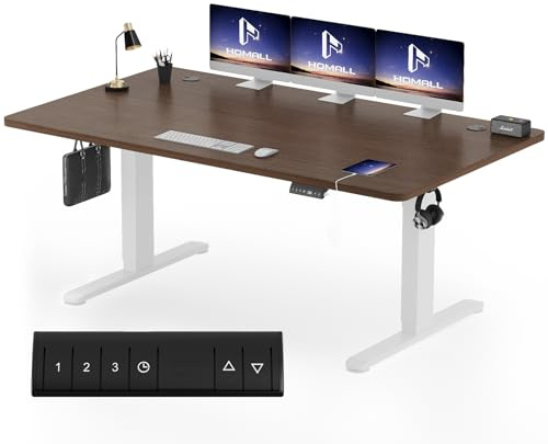 Homall Höhenverstellbarer Schreibtisch 180x80cm mit USB-A Ladeanschluss, Elektrischer Schreibtisch mit Kabel Management Tray, Standing Desk mit 3 Memory Funktion, Computertisch Nussbaum+Weiß
