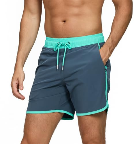 EDOTON Shorts de Bain Homme Maillot de Bain pour Homme Short de Plage à Séchage Rapide avec Réglable et Poches Surf Short uni Imprimé (Gris Vert lac,EU L)