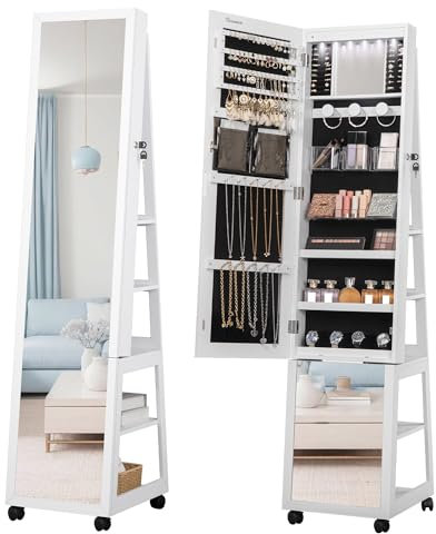 Hzuaneri 6 LEDs Schmuckschrank, 159 cm hoch stehenden Schmuck Schrank Veranstalter, abschließbar in voller Länge Spiegel mit 4 Rädern, große 5-Tier-Schmuck Storage Rack, weiß JC35303BV1