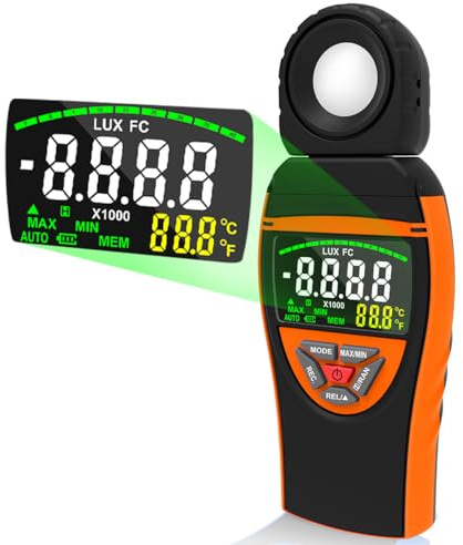 Luxmetro Digitale 0,1–400.000 Lux con Display a Colori, Sensore Ruotabile a 270°, Fotometro con Temperatura, Hold Dati, Max/Min, Lux/FC per Fotografia, Ufficio, Serra (RQ-8801A)