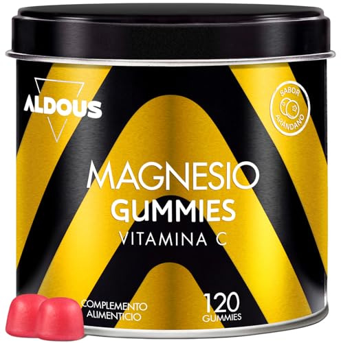 Citrato de Magnesio Gominolas 1340mg + Vitamina C 45mg Por Dosis Diaria - 120 Gominolas - Magnesio Puro 225 mg - Sabor Natural a Arándano - Vitaminas para el cansancio - Músculos y Huesos - Aldous