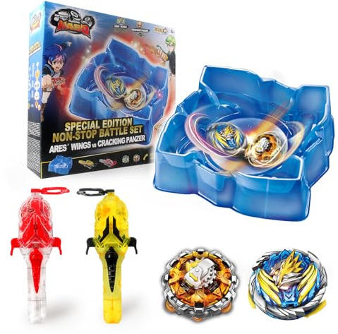 INFINITY NADO Peonzas con Arena para Niños de Juguete de Metal, Peonzas con 2 lanzadores magnéticos Ares' Wing vs Fire Dragon, Juguete para niñas 5 6 7 8 9 10 11 12 Años, Blue Yellow