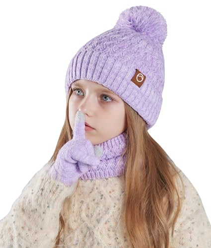 FEOYA Mädchen Mütze Winter Weiche Jungen Beanie Herbst Ohrenwärmer Baby Warme Windschutz Warme Weiche Kinder Strickmütze Loop Schal Set Runder Mit Pom Pom Gestrickte Fleece Doppelfarbiges Violett