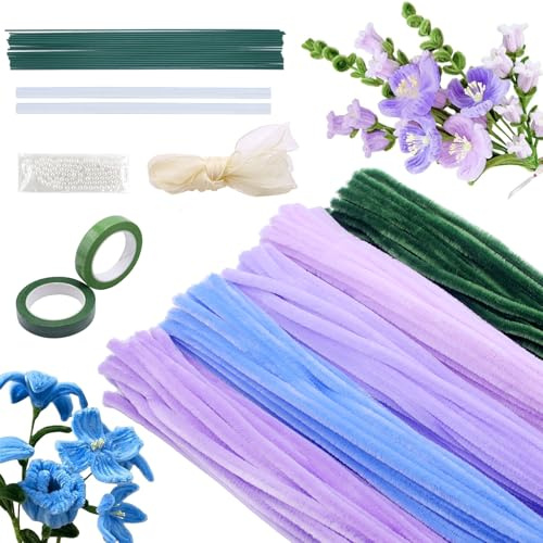 EOPUOZS Limpiapipas Manualidades, 250 Piezas Limpia Pipas Multicolor, Set de Limpiapipas Flores con Palitos de Flores Verdes, Cintas, Cuentas para Ramos DIY Manualidades, Morado