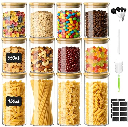 AMIPOW Barattoli Vetro con Coperchio,12pcs Barattolo Vetro con Coperchio Barattoli Vetro Ermetici con Penna e Adesivi Barattoli di Vetro (950ml/550ml)