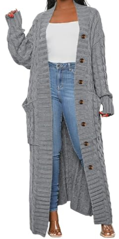 LIVECLOTH Stylish Cable Knit Dual Pocket Cardigan Long, Grey Cardigan Women, Warm Cardigans Sweaters for Women, Casual Cardigans with Button for Womens (Light Gray, 2XL)