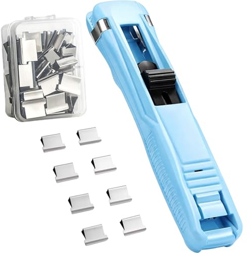 2026 New Portable Binder Clip Stapler - Includes 100 Reusable Clips, Mini Push Stapler Clamp Staplers, Handheld Paper Clam Clip Dispenser Large Size for Home School Desk Offic (Light Blue)