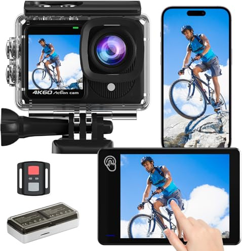 TIMNUT Dualscreen 4K60FPS Cámara Deportiva, Cámara Acuática 40M, 48MP Videocámara WiFi con Pantalla táctil EIS, Zoom de 8X, Cámara de Acción con 2 baterías de 1350 mAh