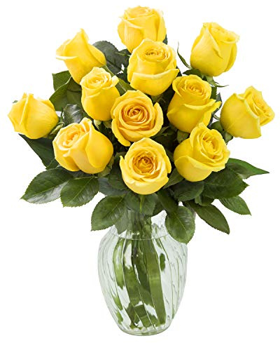 KaBloom - Bouquet of 12 Fresh Yellow Roses with Vase - Fresh Flowers for Birthday, Valentine's & Mother's Day